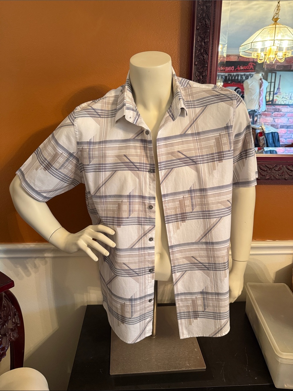 Alfani White Button-Down Shirt with Navy and Tan Stripes